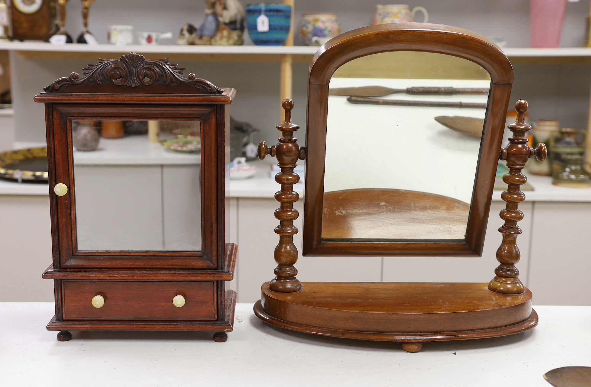 A Victorian mahogany dressing/toilet mirror and a smaller mirrored, one drawer, china handled cabinet, cabinet 47cm high, 30cm wide